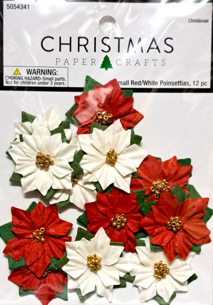 Christmas Paper Crafts Small Red White Poinsettias Embellishments